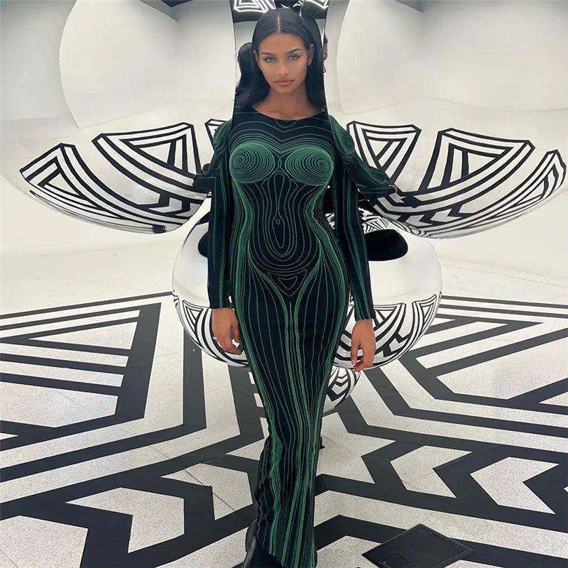 Women's Sexy 3D Body Printed Hollow Backless Long Sleeve Bodycon Maxi Dress Green / S