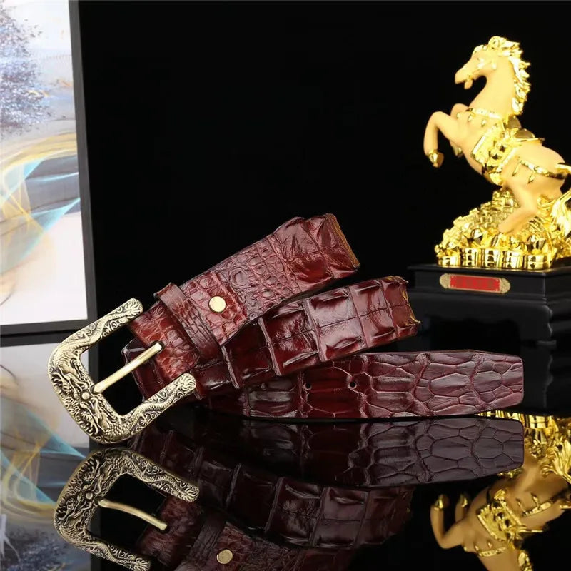 Authentic Exotic Crocodile  Alligator Leather Gold Color Dragon Pin Buckle Waist Strap for Male  -  GeraldBlack.com