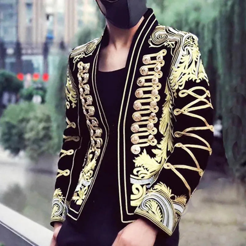 Black Gold Men's Embroidered Chinese Style Phoenix Robe Casual Dress Small Slim Suit  -  GeraldBlack.com