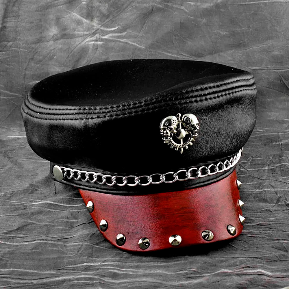 Cool Studded Skull Unisex Genuine Leather Biker Punk Rocker Military Cap Hat  -  GeraldBlack.com