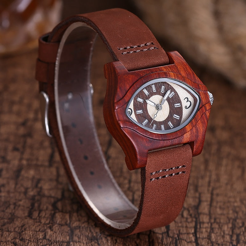 Creative Eye Shape Women Simple Wood Leather Band Quartz Wrist Watch  -  GeraldBlack.com