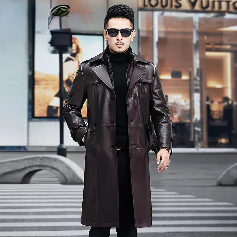 Men s Casual Genuine Leather Double Layer Collar Knee Length