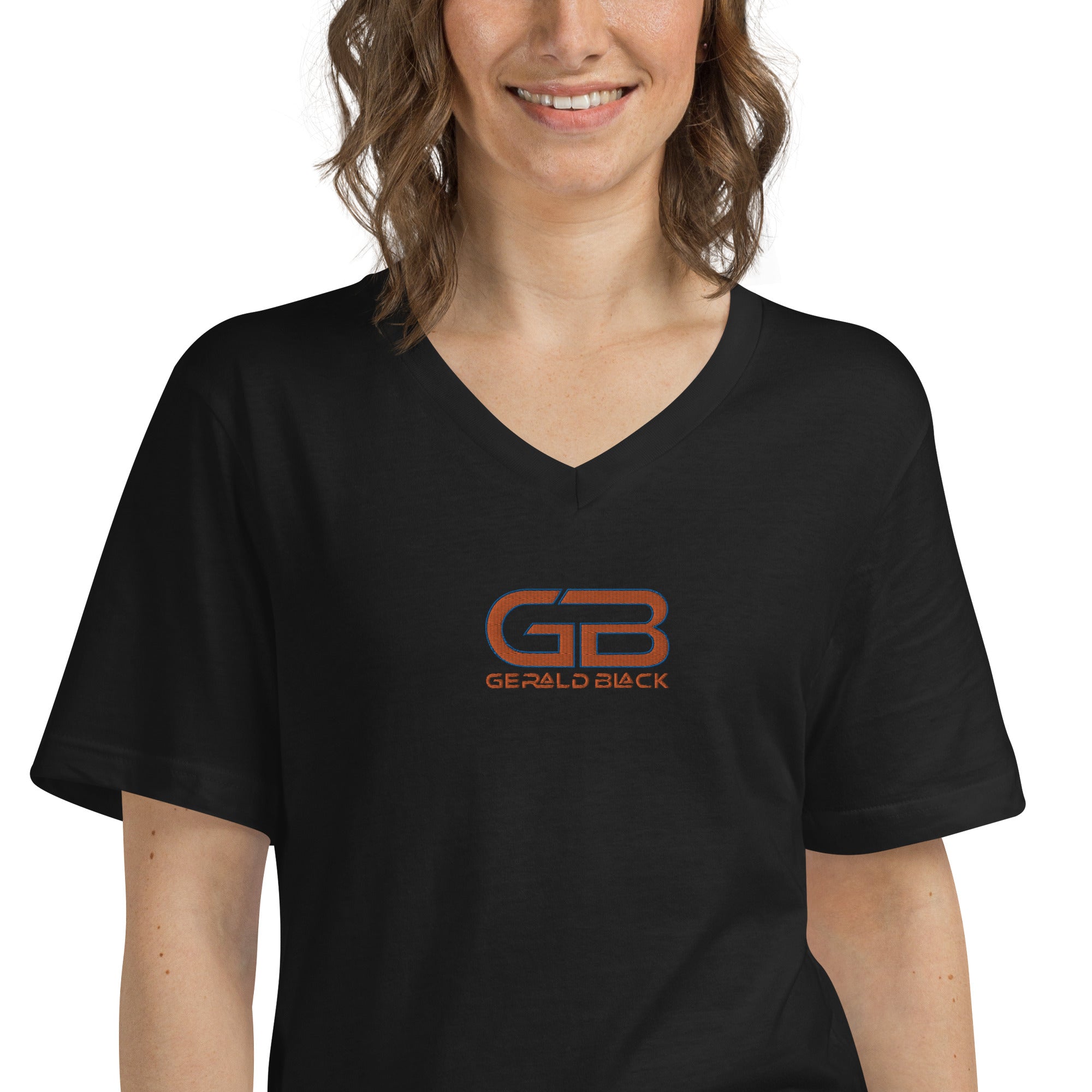Gerald Black Signature Embroidered Unisex Short Sleeve V-Neck T-Shirt OrBL  -  GeraldBlack.com