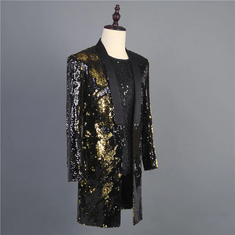 Gold Black Sequin Extra Long Men Slim Fit Party Stage Prom Singer Rock and Roll Costume Blazer  -  GeraldBlack.com
