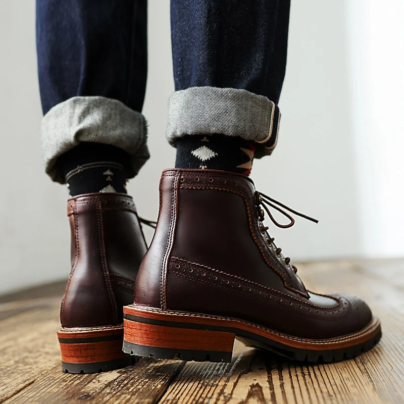 Handmade vintage British men cow leather tooling round toe lace-up motorcycle ankle boots  -  GeraldBlack.com