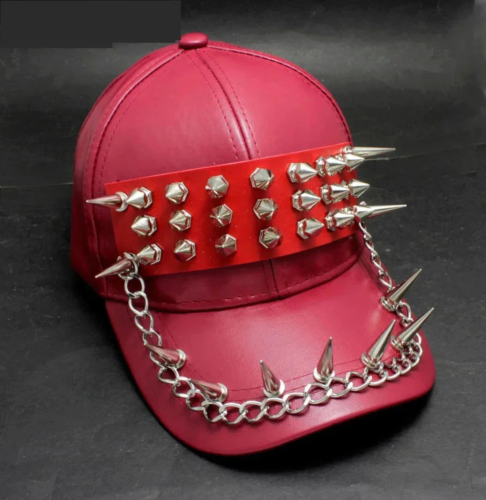 Hip Hop Unisex Pink Red Leather Stud Rivet Chain Spike Punk Rock Star Baseball Cap  -  GeraldBlack.com