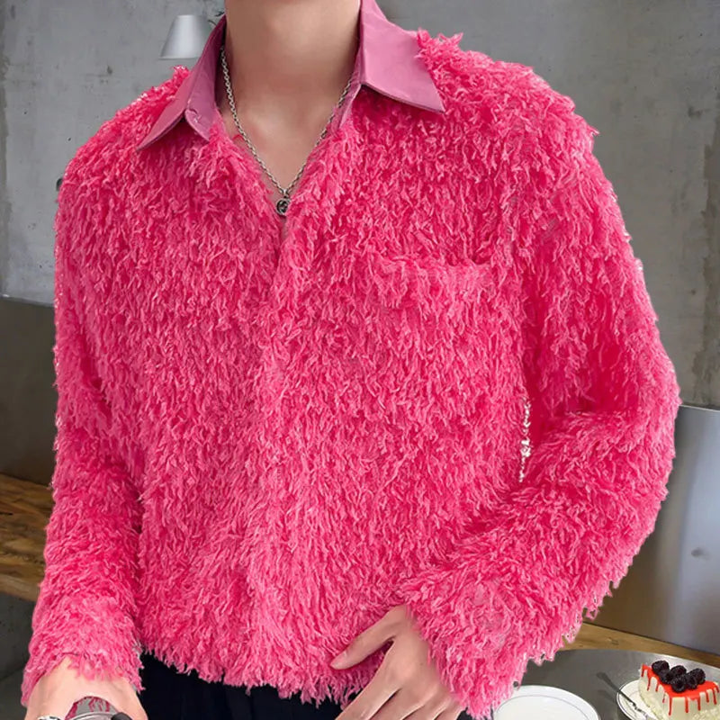 Korean Vintage Lace Men Shiny Slim Fit Casual Long Sleeve Dress Shirt Stage Clothing Shirts  -  GeraldBlack.com