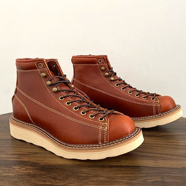 Men Casual Handmade Autumn Winter Wings Cow Leather Tooling British Lace-up Vintage Motorcycle Ankle Boots  -  GeraldBlack.com