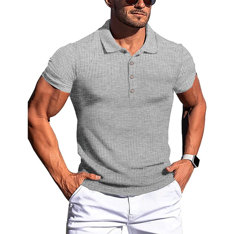 Men Fashion Stripe Polo Solid Summer Casual Fitness Muscle Slim Fit Short Sleeve V Neck Tops  -  GeraldBlack.com