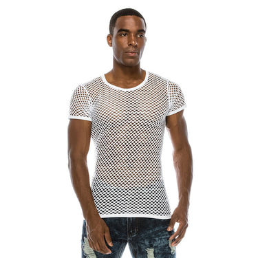 Men Mesh See Through Fishnet Fashion Short Sleeve Undershirt Nightclub Wear Perform Streetwear Tops  -  GeraldBlack.com