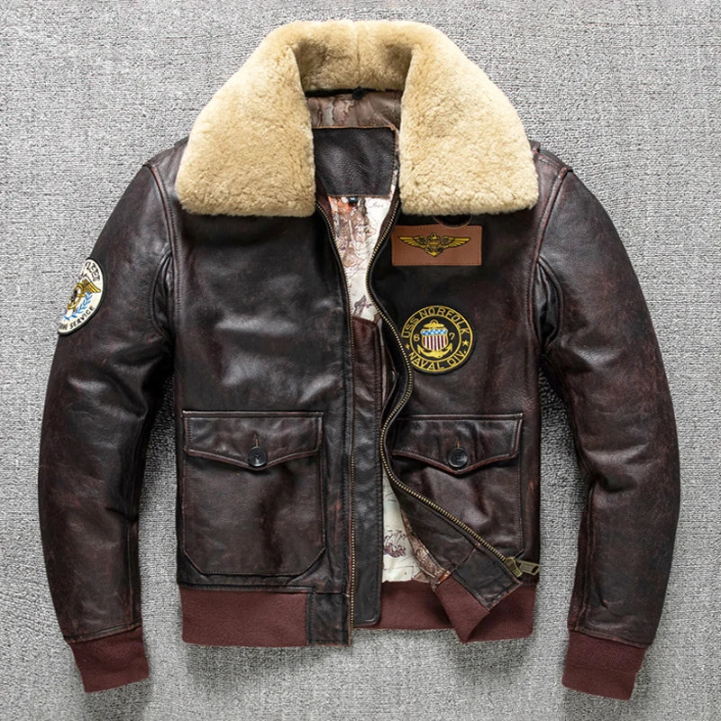 Men's Air Force Flight Fur Collar Genuine Top Layer Cow Leather Brown Cowhide Winter Military Jacket 6XL  -  GeraldBlack.com