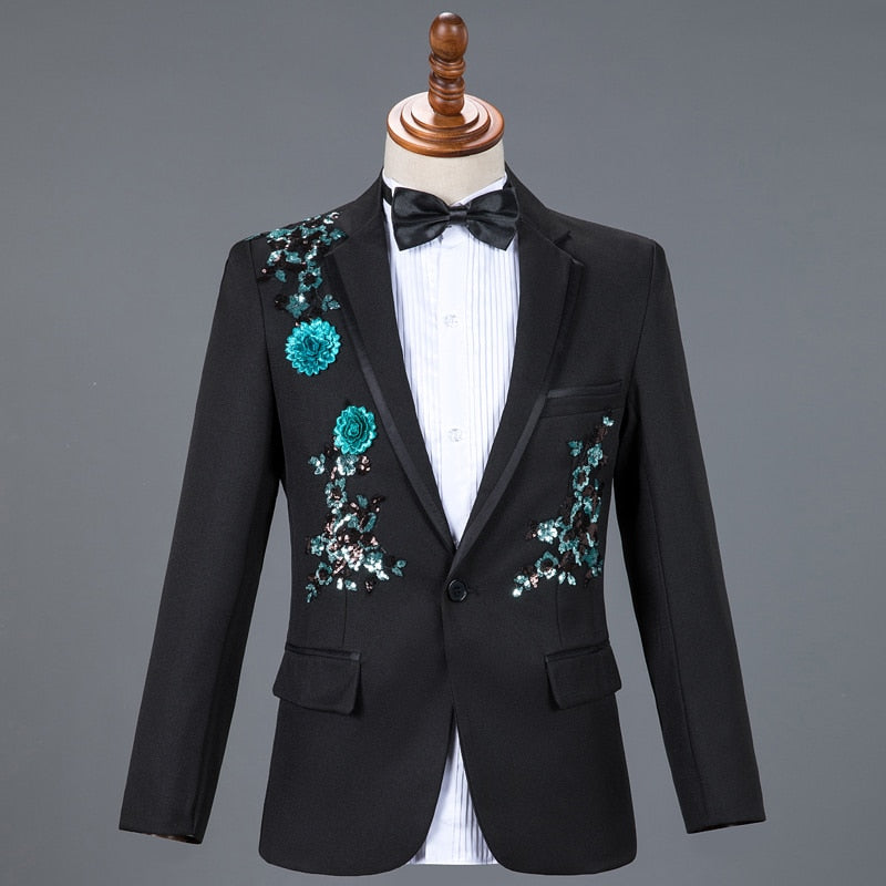 Men's Black Floral Tuxedo Slim Fit Blazer Pants Bow Tie Three-Piece Suit  -  GeraldBlack.com