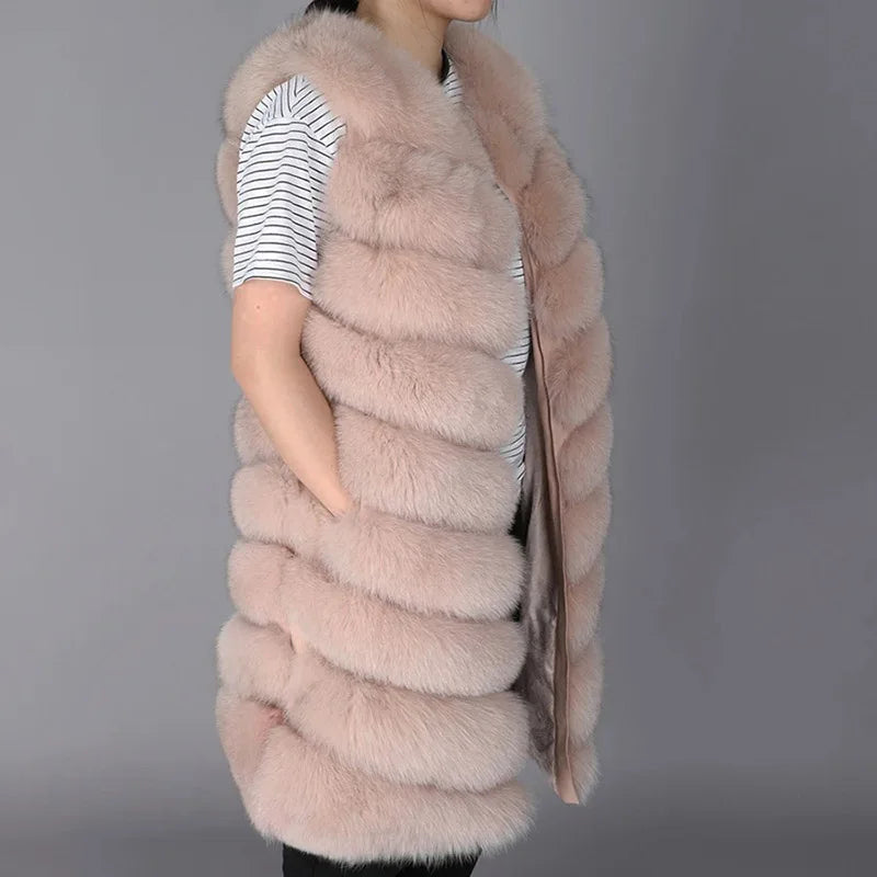 Natural Real Fur Leather Women's Long Vest Fox Fur Winter Coat  -  GeraldBlack.com