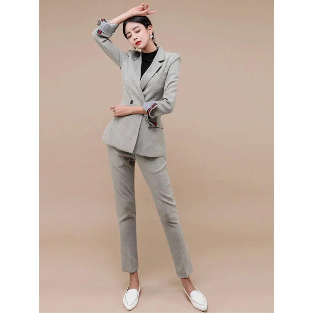 Office Women 2 Piece Outfits Suits Elegant Temperament Striped Double Breasted Tops Coat Blazer Suit Lady Formal Pants Slim Sets  -  GeraldBlack.com