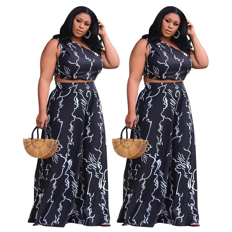 Plus Size Sexy One Shoulder 4xl Summer Abstract Art Print Crop Tops Loose Wide Leg Long Two Pieces Suits  -  GeraldBlack.com