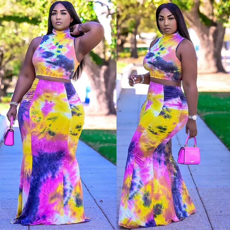 Plus Size Tie-dye Dress Crop Tops 2 Two Pieces Sets 4XL Summer Sexy Tanks Long Bodycon Skirts Suits Club Outfits Bandage Skirt  -  GeraldBlack.com