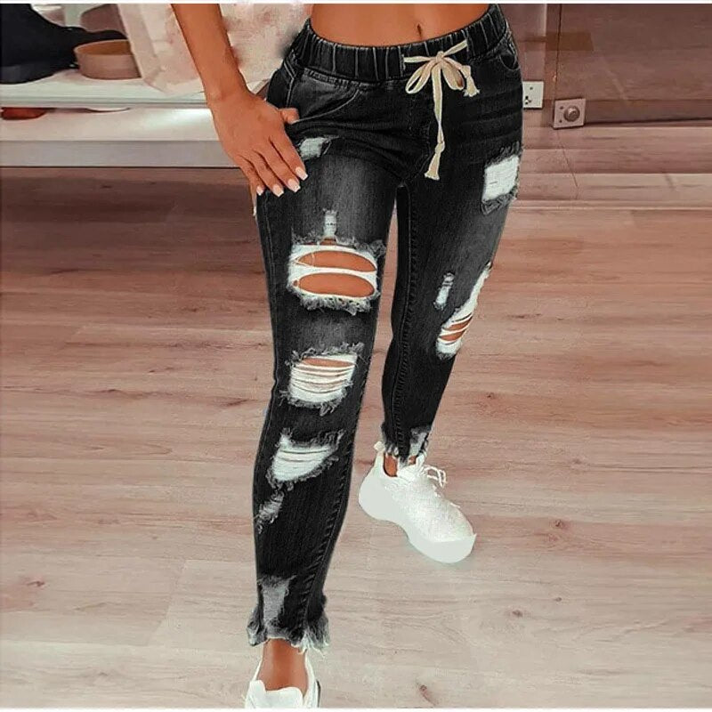 Plus Size Women European and American Style Ripped Skinny Jeans for Teen Girls  -  GeraldBlack.com