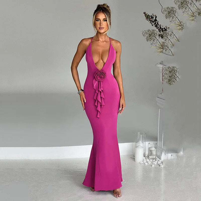 Sexy Elegant Evening 3d Flower Ruffle Deep V Backless Maxi Dresses for Women Party Birthday Outfit  -  GeraldBlack.com