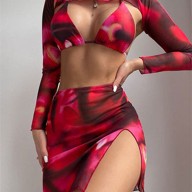 Sexy Red Tie Dye Bikini Women Long Sleeve Cover Up with Skirt 4 Piece Swimsuit Beach Bathing High Waist Swimwear  -  GeraldBlack.com