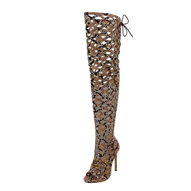Sexy Women Snakes Print Leather Hollow Out Thigh High Open Toe Zip Lace-Up Heels Over The Knee Boots  -  GeraldBlack.com