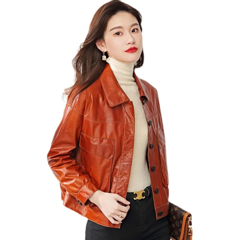Top Layer Cowhide Leather Women Short Big Pocket Loose Korean Autumn Jacket  -  GeraldBlack.com