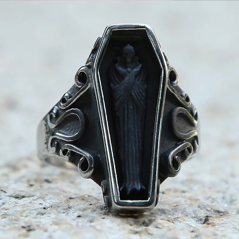 Unique Zombie Vampire Skull Biker Men Black Stainless Steel Punk Coffin Rings Cool Gothic Ring  -  GeraldBlack.com