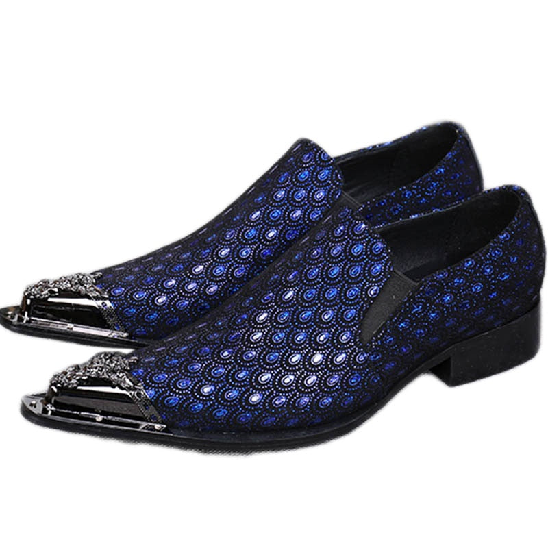 Western Fashion Pointed Metal Toe Blue Grey Party Wedding Leather Oxford Dress Shoes For Men EU38-46  -  GeraldBlack.com