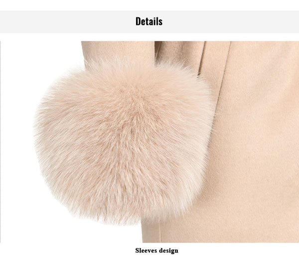 White Checked Women Natural Fox Fur Collar Cashmere Wool Blends Long Winter Outerwear Streetwear  -  GeraldBlack.com