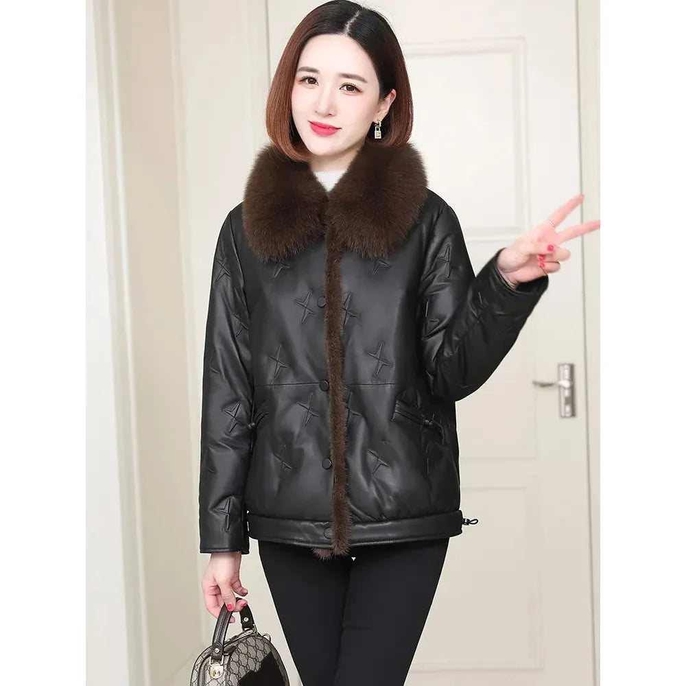 White Duck Down Puffer Women's Winter Korean Style Fox Fur Collar Sheepskin Short Down Jacket  -  GeraldBlack.com