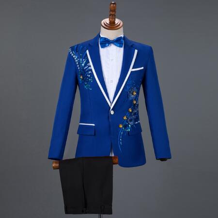 White Embroidered Diamond Men Groom Tuxedo Stand Collar Prom Stage Costume Suits with Pants Ternos  -  GeraldBlack.com