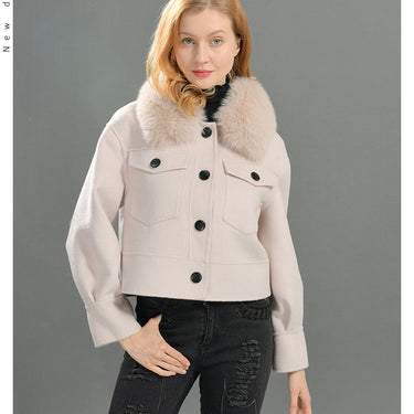 Winter Women Cashmere Wool Full Sleeves Pockets Cropped Jackets with Big Real Fur CollarOuterwear Streetwear  -  GeraldBlack.com