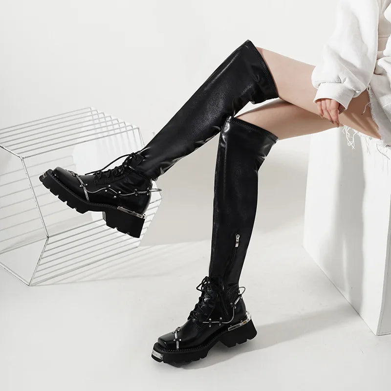 Women Designer Modern Winter Casual Over Knee High Motorcycle Snow Black Boots Shoes  -  GeraldBlack.com