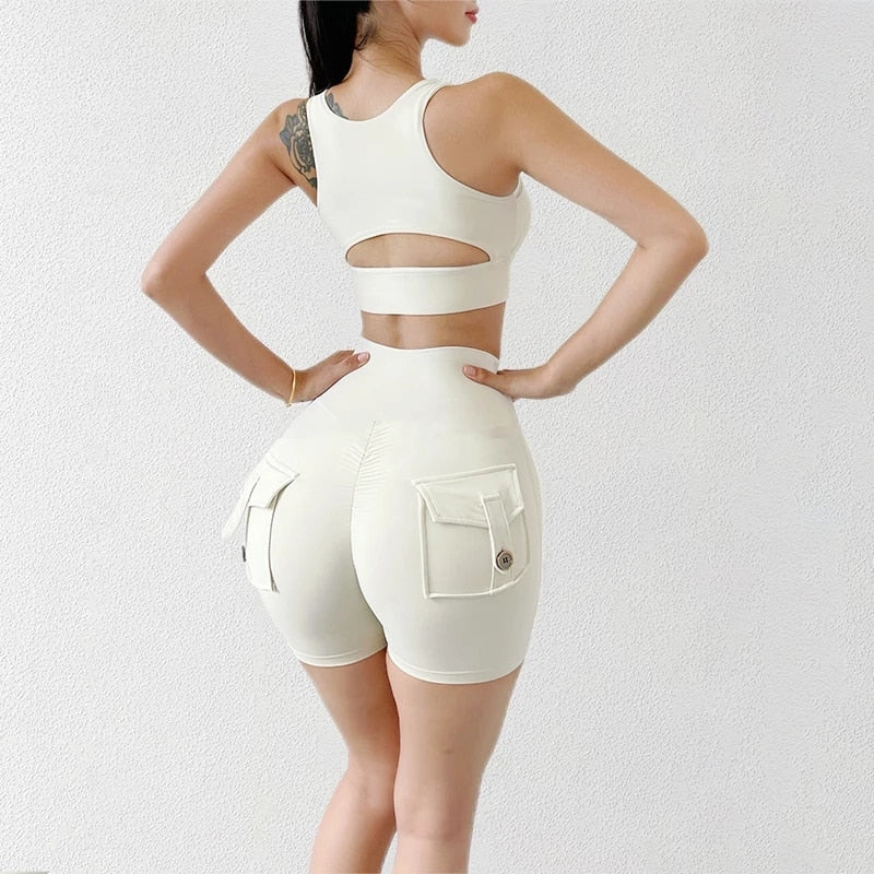 Women Light Ivory High Waist Sports Pocket Shorts With Sports Bra Sportswear Gym Workout Cycling Fitness Yoga Outfit Clothes  -  GeraldBlack.com