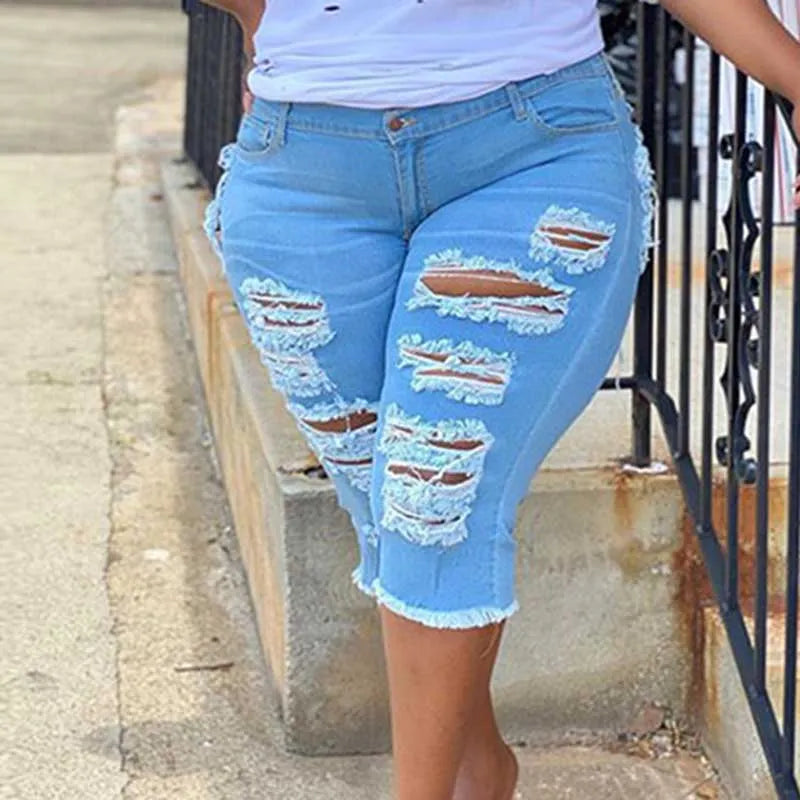 Women Plus Size Street Fringe Ripped Stretch Skinny Denim Summer Sexy Club Party High Waisted Short Jeans Hotpants  -  GeraldBlack.com