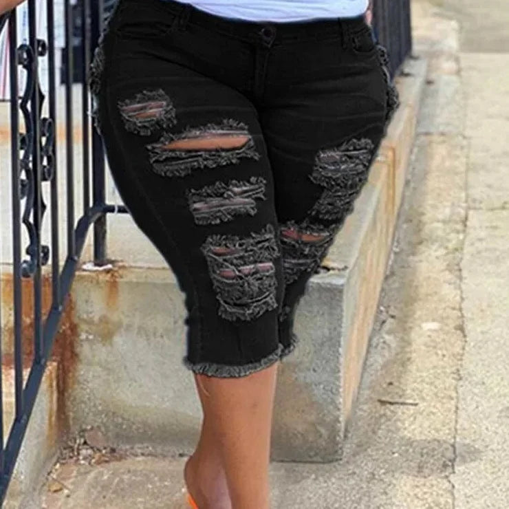 Women Plus Size Street Fringe Ripped Stretch Skinny Denim Summer Sexy Club Party High Waisted Short Jeans Hotpants  -  GeraldBlack.com
