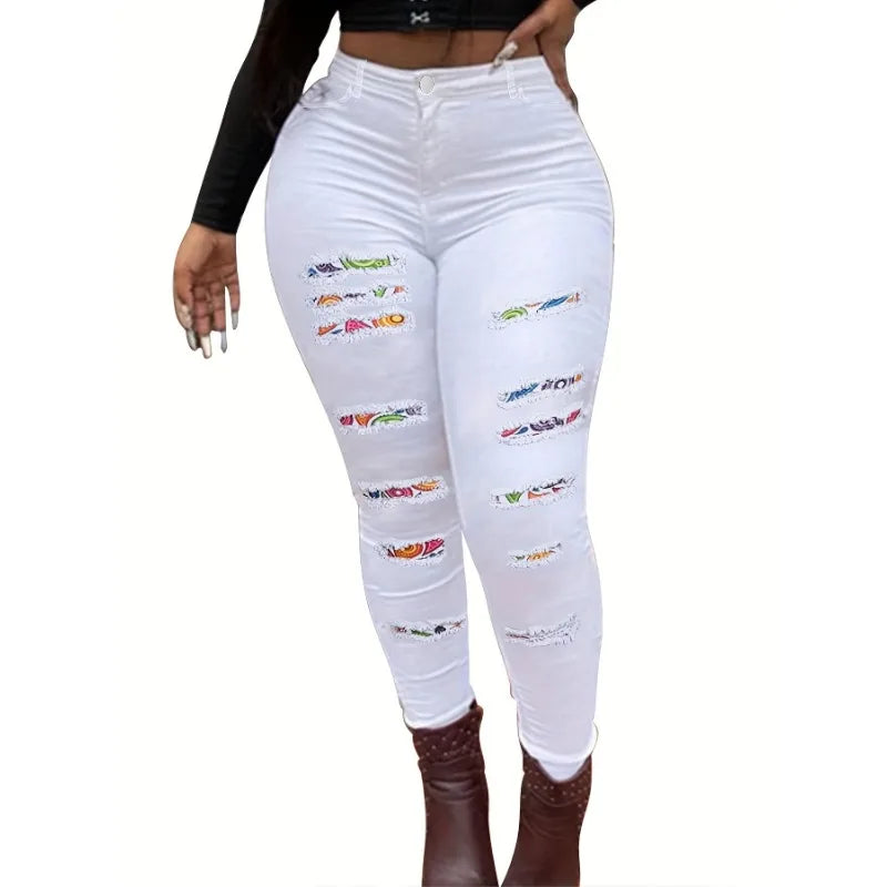 Women Plus Size Street Style Colorblock Ripped Button High Stretch Skinny Jeans  -  GeraldBlack.com