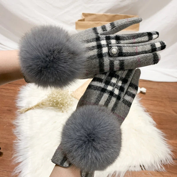 Women's Cashmere Touch Screen Furry Fox Fur Ball Plaid Wool Driving Gloves Mittens  -  GeraldBlack.com