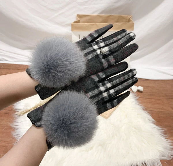 Women's Cashmere Touch Screen Furry Fox Fur Ball Plaid Wool Driving Gloves Mittens  -  GeraldBlack.com