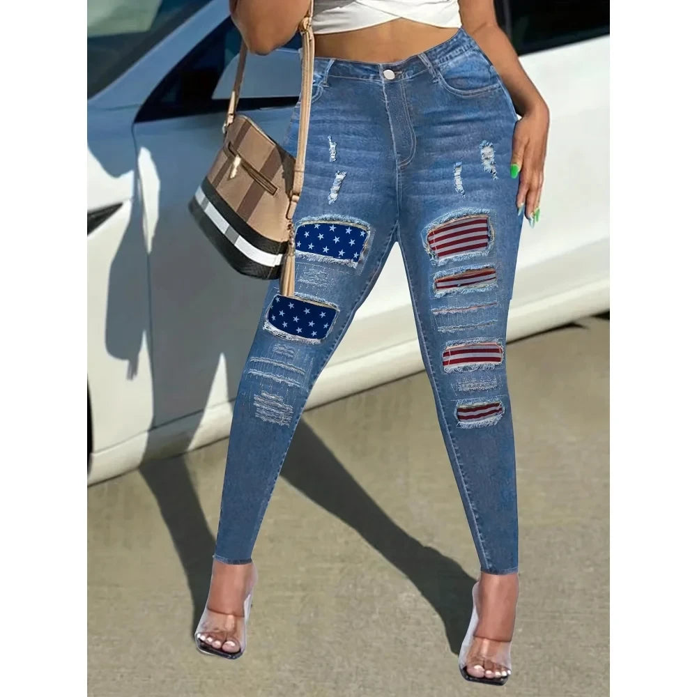 Women's Plus Size Ruched Rainbow Patchwork Pencil Stretchy Skinny Patches Denim Pants  -  GeraldBlack.com