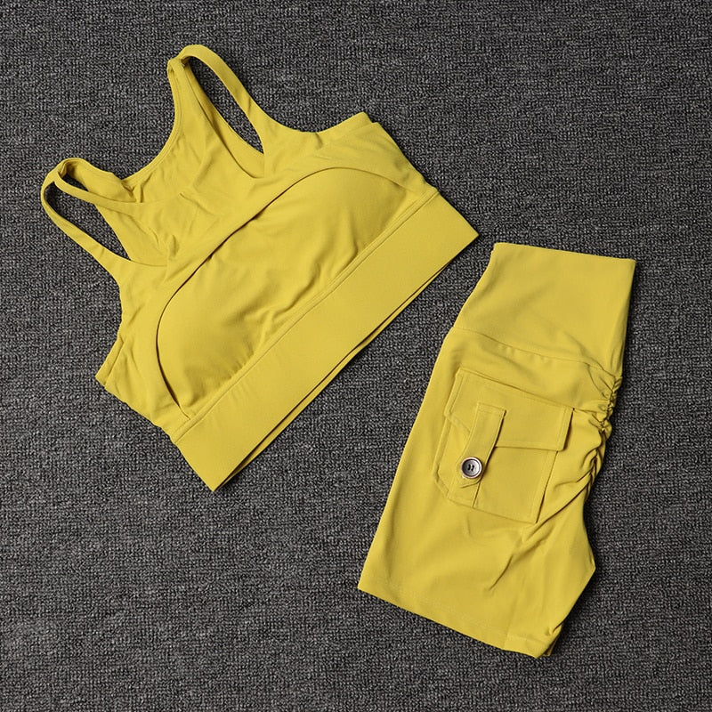 Women Yellow High Waist Sports Pocket Shorts With Sports Bra Sportswear Gym Workout Cycling Fitness Yoga Outfit Clothes  -  GeraldBlack.com