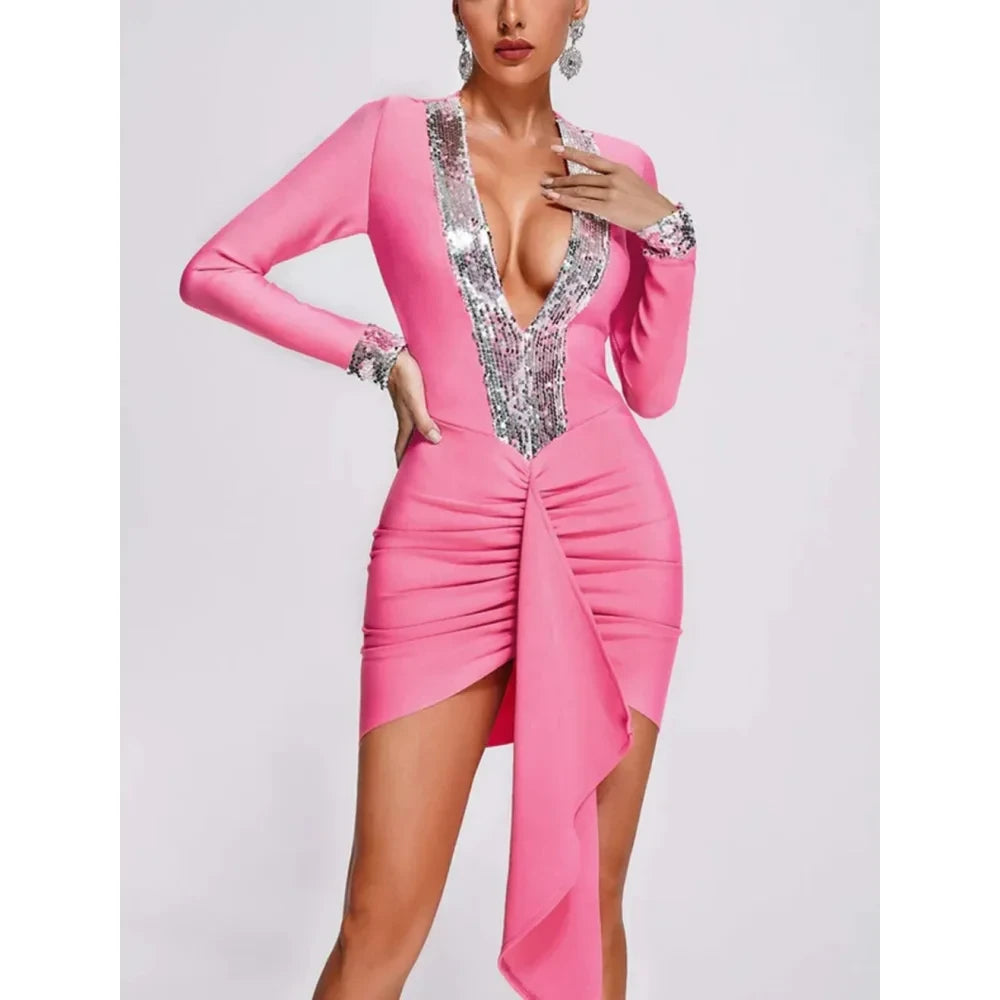 long sleeve v neck bandage dress Giada Embellished Arm Cut Out Long Sleeve Bandage Dress