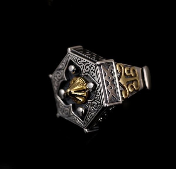 100% 925 Sterling Silver Religious Buddha Hexagon Ring for Men - SolaceConnect.com
