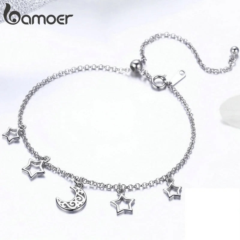 925 Sterling Silver Moon And Star Chain Link Bangles Bracelets for Women Sterling Silver Jewelry SCB107  -  GeraldBlack.com