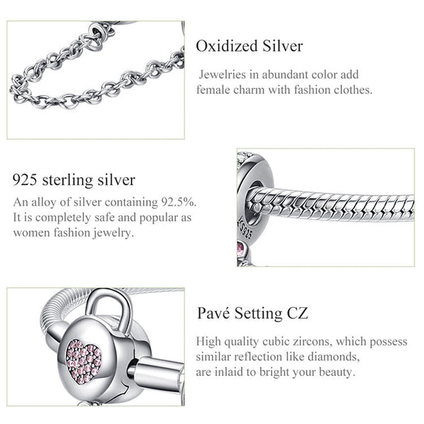 925 Sterling Silver Snake Chain Bracelet Zircon Pink Heart Lock and Key Safety Charm Bracelet for Women Gift SCB143  -  GeraldBlack.com