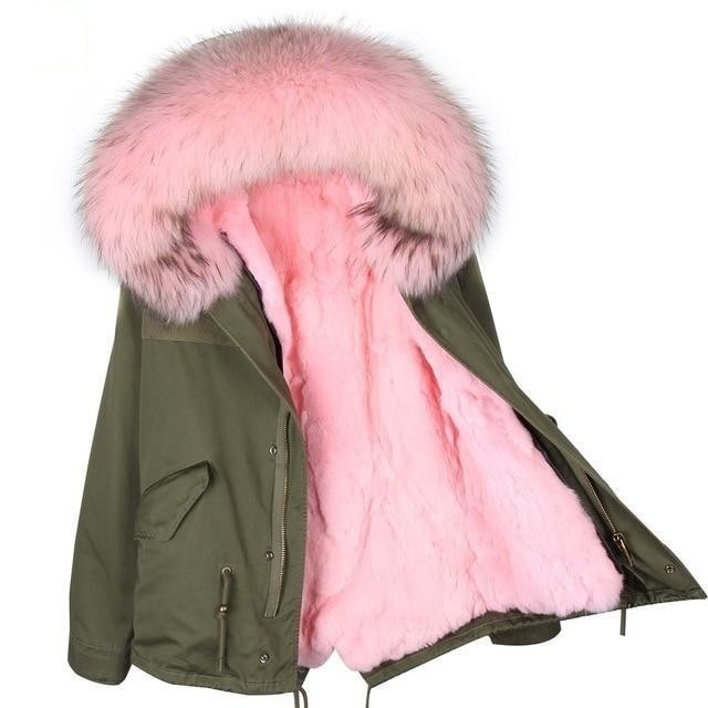 Army Green Large Detachable Hooded Coat For Women with Raccoon Fur Collar  -  GeraldBlack.com
