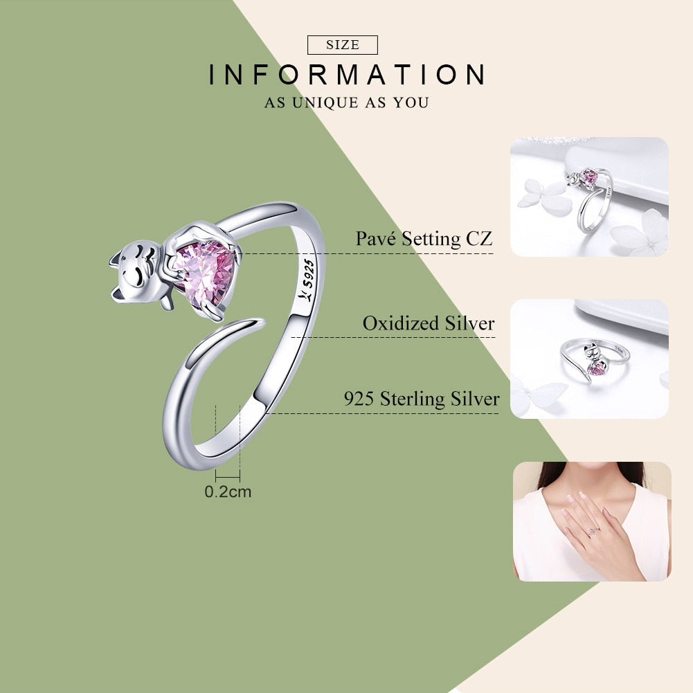 Authentic 925 Sterling Silver Adorable Cat Pink CZ Adjustable Finger Rings for Women Sterling Silver Ring Jewelry SCR446  -  GeraldBlack.com