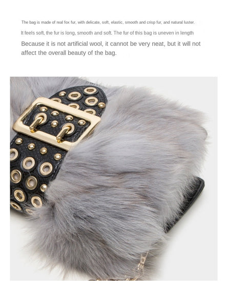 Autumn And Winter Real Fox Fur Women Clutch Wide Shoulder Strap Leather Messenger Crossbody Handbags  -  GeraldBlack.com