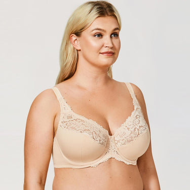 Beige Underwire Plus Size Sheer Lace Non-Padded Strap Bra for Women  -  GeraldBlack.com