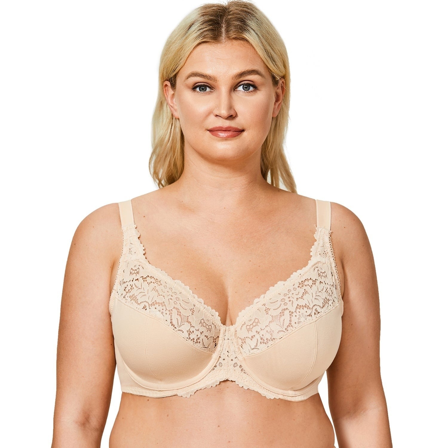 Beige Underwire Plus Size Sheer Lace Non-Padded Strap Bra for Women  -  GeraldBlack.com