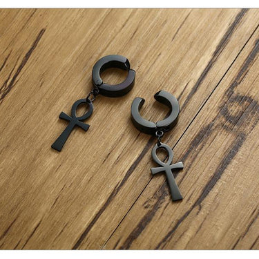 Black Stainless Steel Punk Hip Hop Ankh Cross Dangle Earrings for Men - SolaceConnect.com
